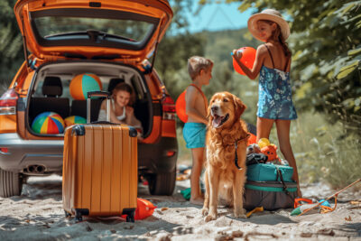 Family and Pet Dog Ready for Beach Vacation, Excitement of Summe